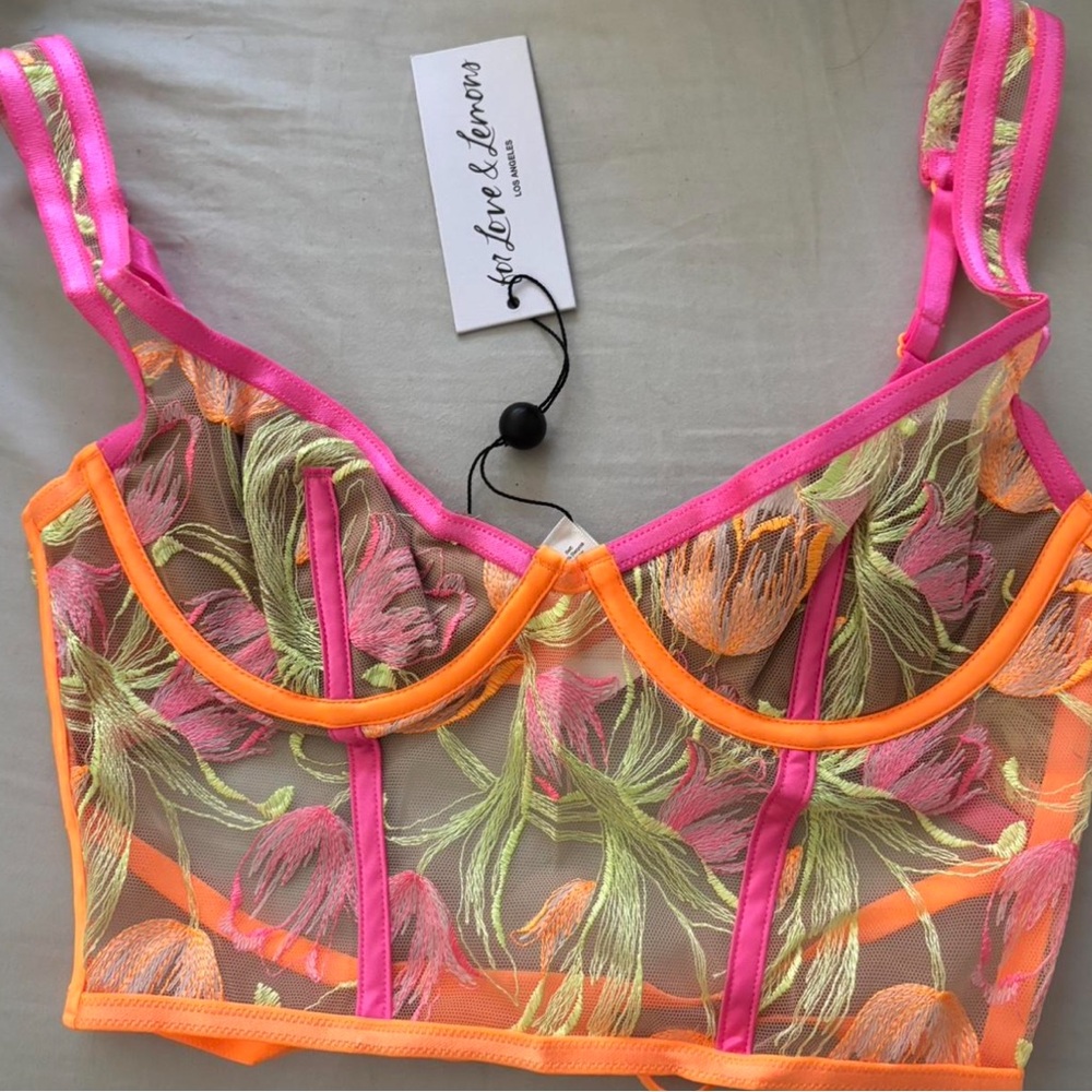 For Love and Lemons Pink and Orange Floral Embroidered Bustier - Small